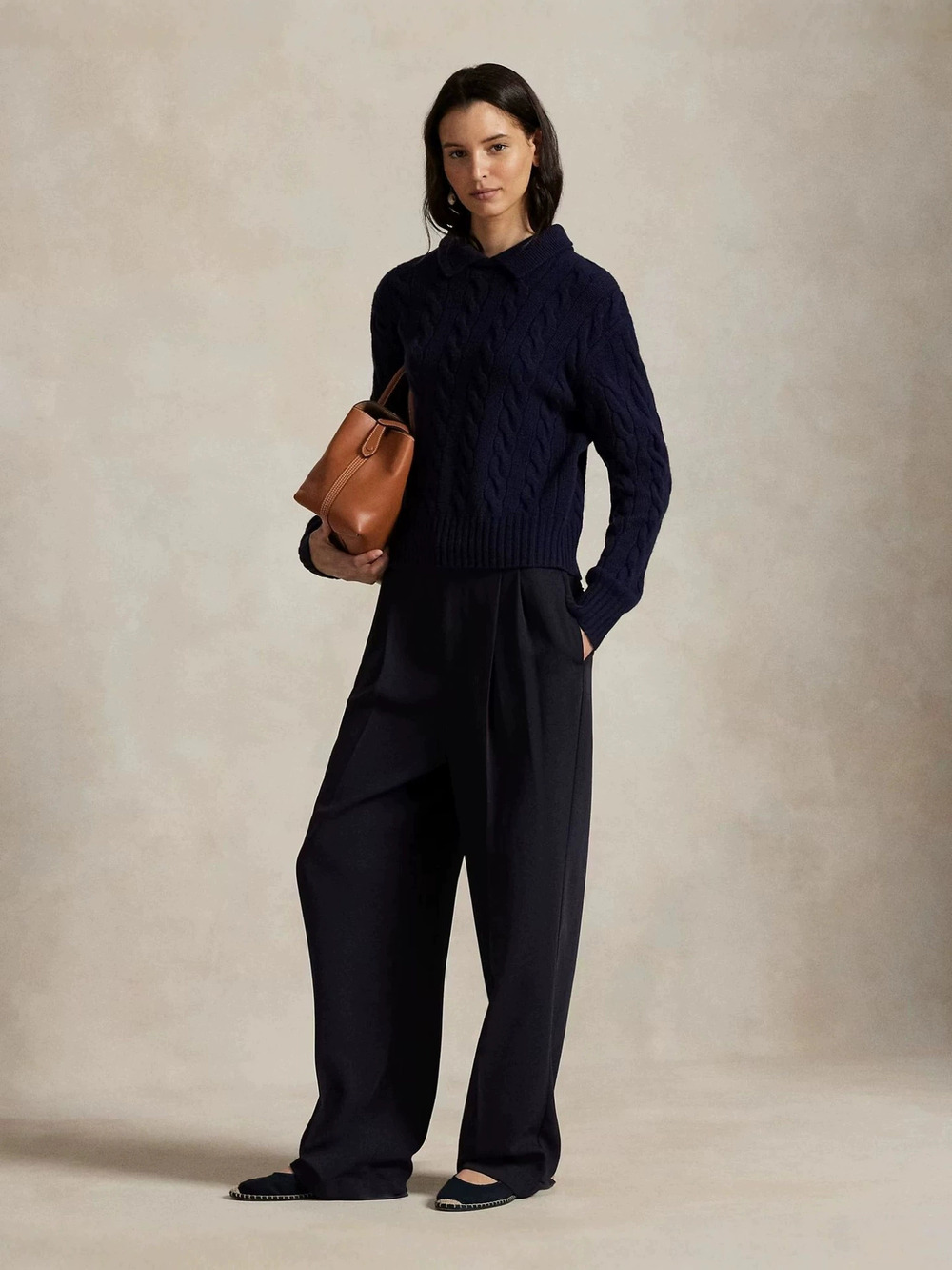 Zara Fall Winter Slim Work Casual Navy Blue Collar Waist Cinch Knit Sweater